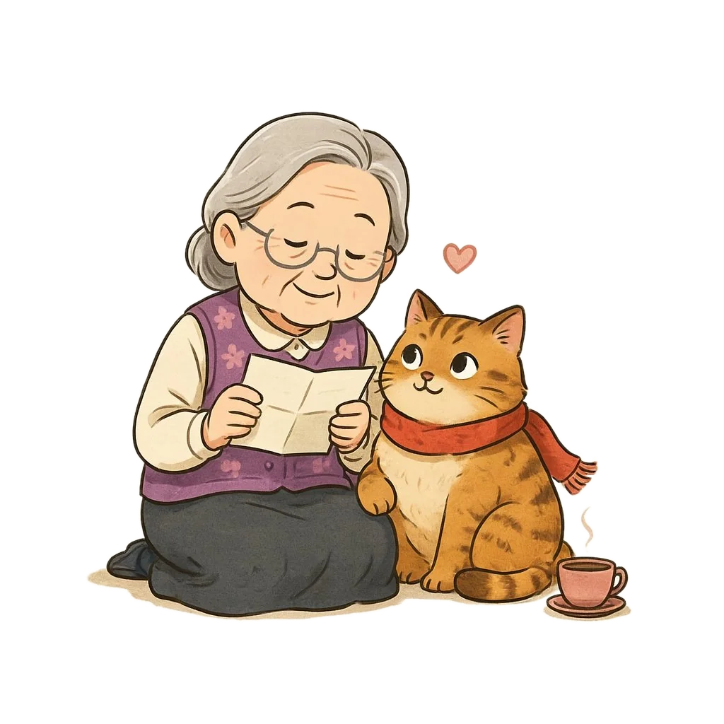 편지를 읽는 순자 할머니와 곁에 앉은 고양이 보리